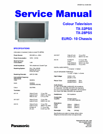 Panasonic TX-32PS5 Colour Television
TX-32PS5
TX-28PS5
EURO- 10 Chassis
part1
